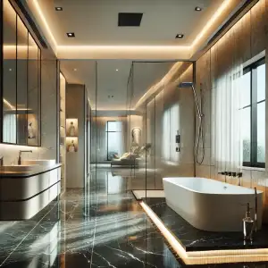 Modern luxury master bathroom with a spa-inspired design, featuring a deep soaking tub, rainfall showerhead, heated marble floors, custom cabinetry, and ambient lighting.