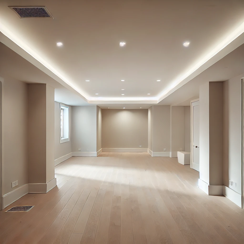 Modern basement remodel in a Boston home featuring recessed ceiling lights, vinyl plank flooring, and a clean, minimalistic design with no furniture, showcasing an open space ready for customization.