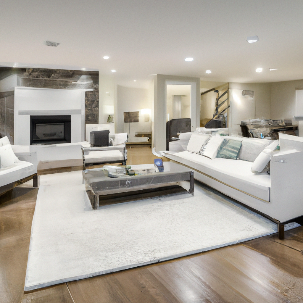 A modern and budget-friendly basement remodel featuring contemporary design elements.