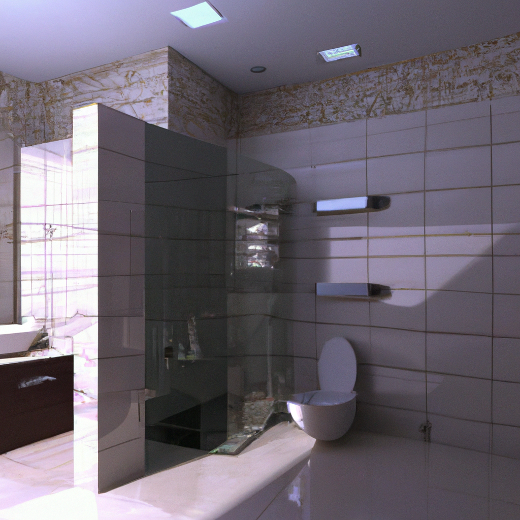 Alt text: A small bathroom with clever space-saving design features such as floating shelves and a corner sink.