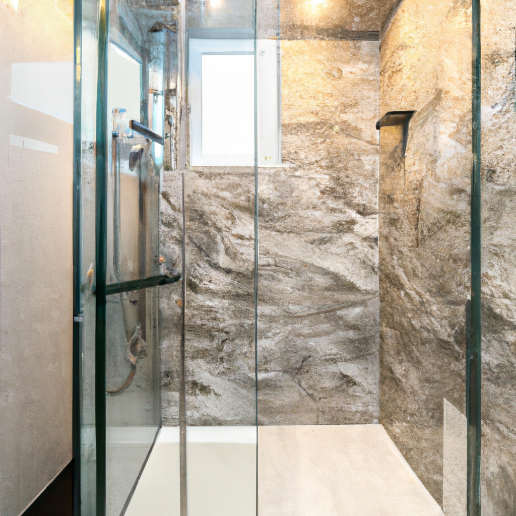 A professional tile installer working on a bathroom floor.