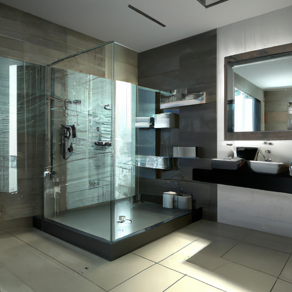 Alt text: A sleek and modern bathroom featuring contemporary plumbing fixtures and design elements.