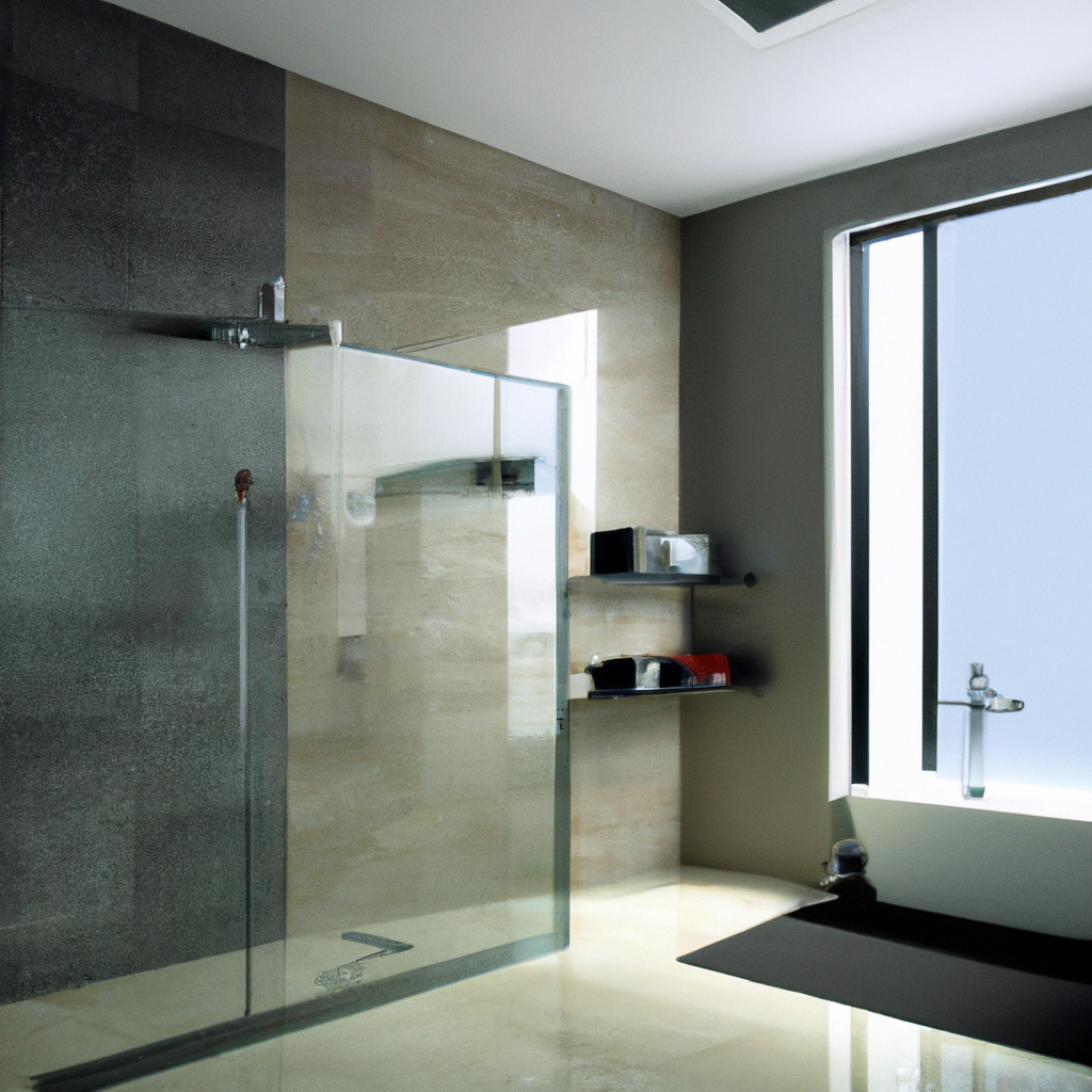 A modern, contemporary bathroom with sleek fixtures and a shower with glass enclosure.