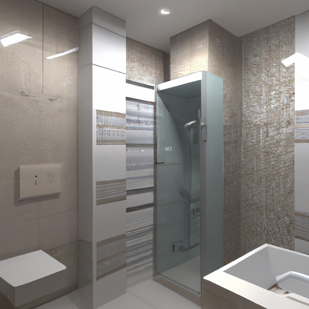 Alt text: A collage of different bathroom renovation options, including tile samples, vanity styles, and shower fixtures.