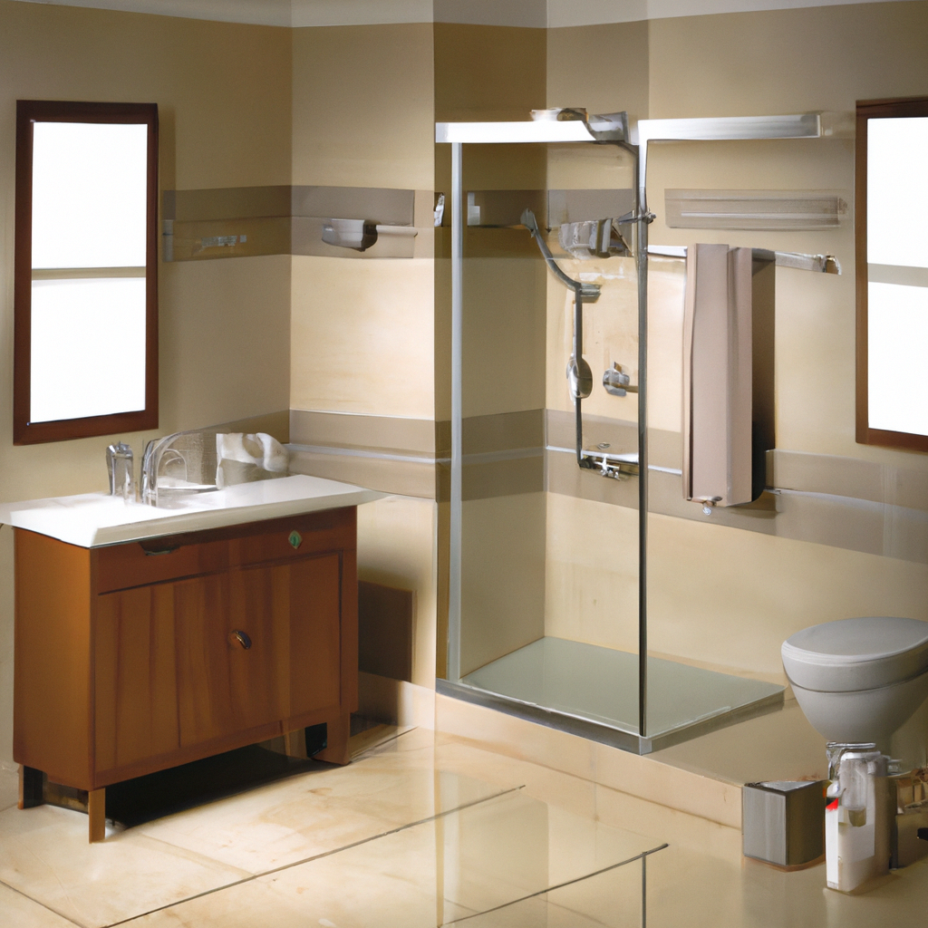 Alternative text: A modern bathroom with sleek plumbing fixtures and contemporary design.