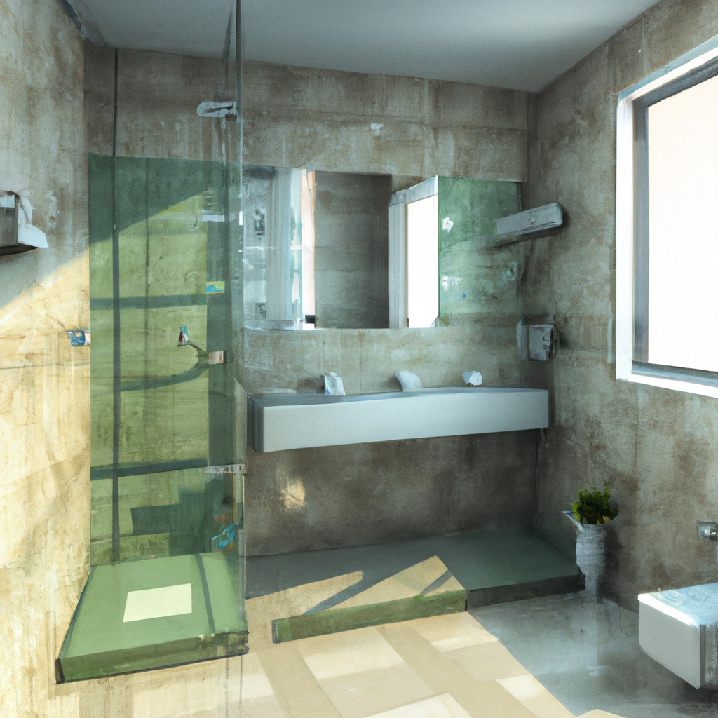 Alt text: A modern bathroom with a new tiled shower, vanity, and sleek fixtures.