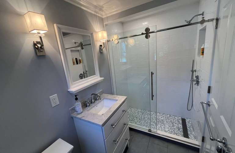 Modern Bathroom Renovation with Walk-In Shower in Needham, MA