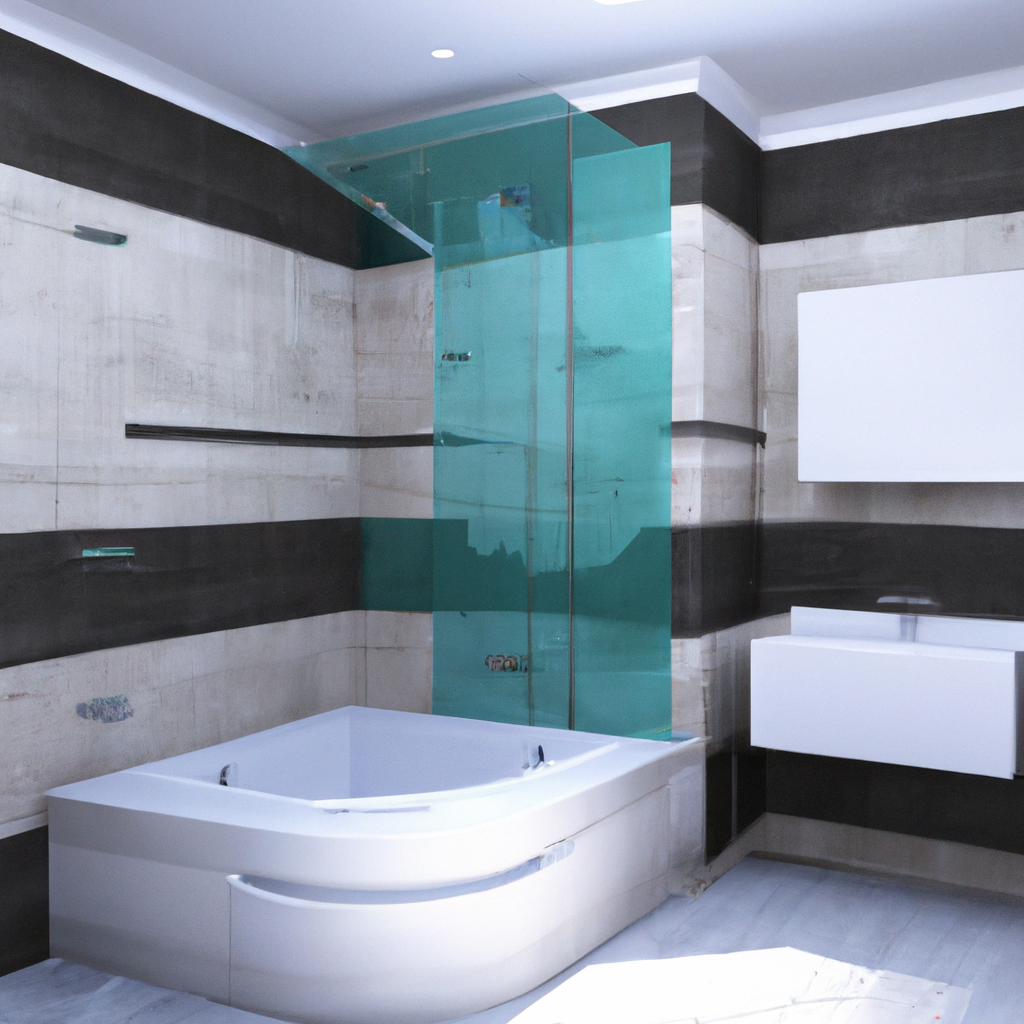 Alternative text: A modern, renovated bathroom shower with glass door and sleek tiles.