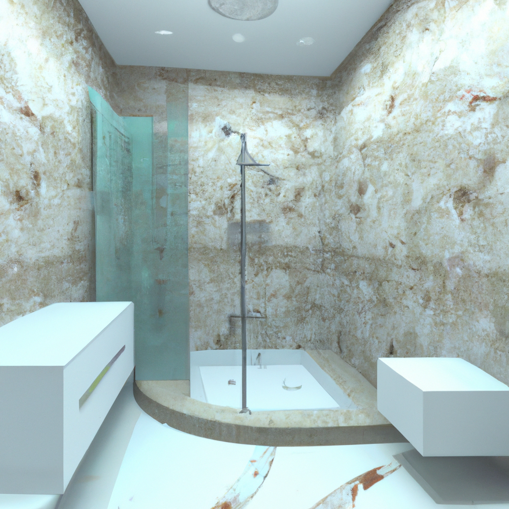 Alt Text: A luxurious bathroom with modern fixtures and elegant tile work