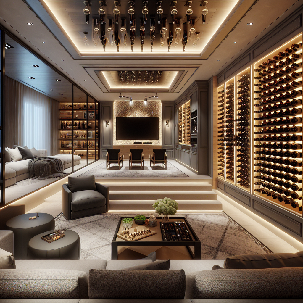 ‘A Luxuriously Remodeled Basement glowing in warm lighting, boasting from modest beginnings to a lavish dwelling space'.