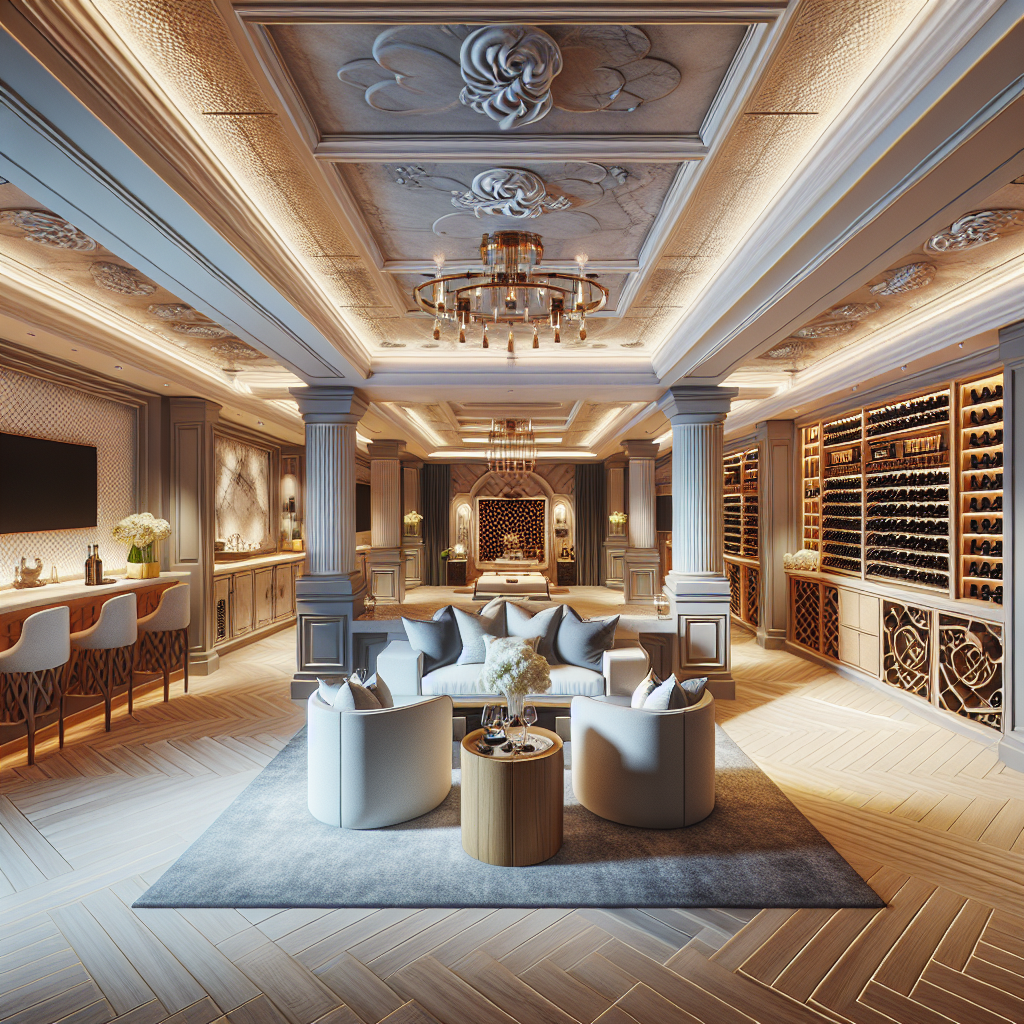 Caption: Witness the transformation from dark depths to high-end sophistication with our luxury basement remodeling! A modern and contemporary designed luxury basement after a lavish remodeling, emanating warmth and elegance.