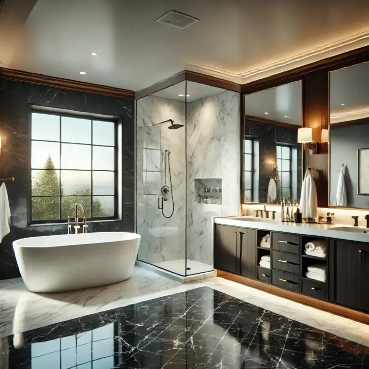 Modern luxury master bathroom with a freestanding tub, walk-in glass shower, and elegant double vanity.