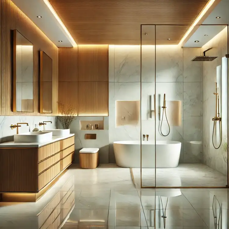 Luxurious bathroom featuring a freestanding soaking tub, glass-enclosed shower, and sleek wooden vanity with marble countertops.