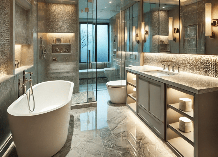 A beautifully remodeled bathroom in Boston featuring a sleek glass shower, custom vanity, and stylish tile work.