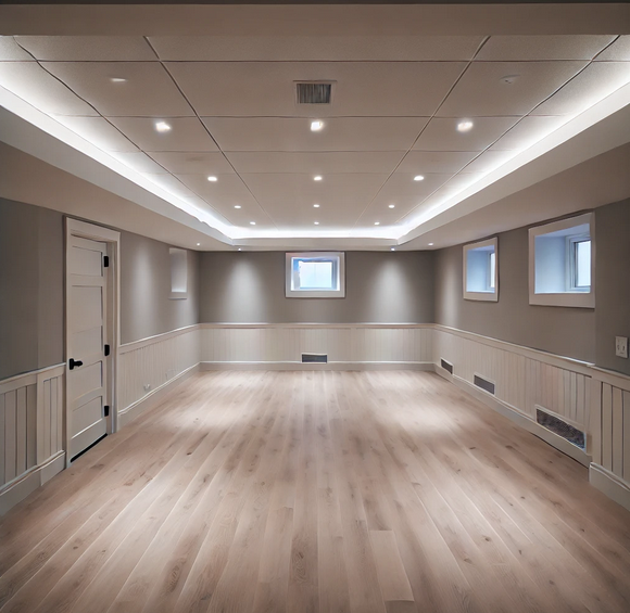 A modern finished basement with a flat ceiling, recessed lighting, vinyl plank flooring, and no windows or furniture.