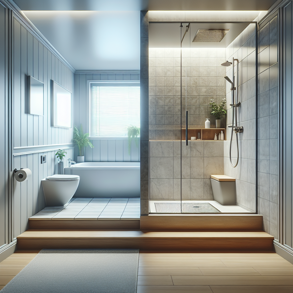 Caption: Experience utmost luxury and state-of-the-art bathroom remodeling with our latest tub-to-shower conversion – a modern blend of aesthetics and design. A modern and contemporary designed ultimate tub-to-shower conversion.