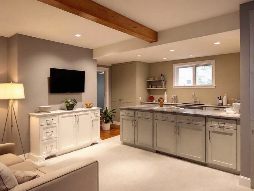 Caption: Step into luxury with this transformed basement space in Weston MA, where creativity meets contemporary living. A newly remodeled basement in Weston MA showcasing modern, contemporary design elements.