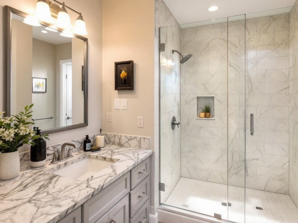Modern, Contemporary Bathroom Remodel in Natick, MA by Leading General Contractors Alt Text: Newly remodeled bathroom featuring a modern, contemporary design in Natick, MA by trusted general contractors