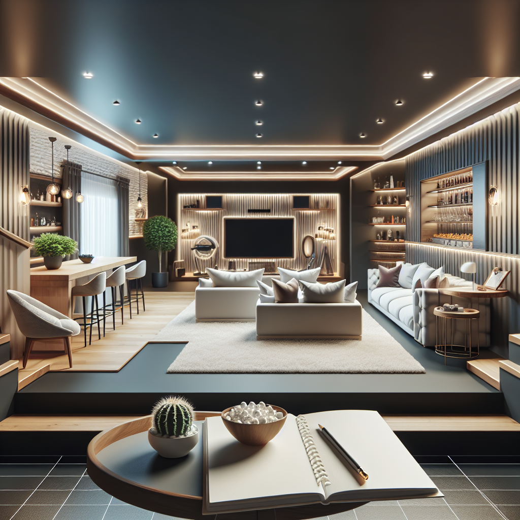 Experience the Remarkable Revamp with Our Customized Basement Designs. A visually captivating custom basement design offering an elegant transformation of an underground space.