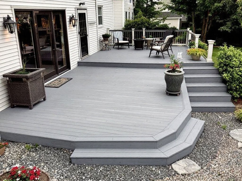 Caption: Quality deck installation - Building comfort and style into your Outdoor Living in Quincy, MA. Modern and contemporary designed deck installation near Quincy, MA, enhancing outdoor living experience.