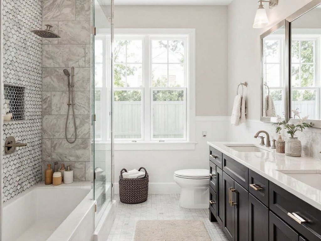 'Professional tile installers undertaking a bathroom remodeling project with modern design in Welley, MA.'