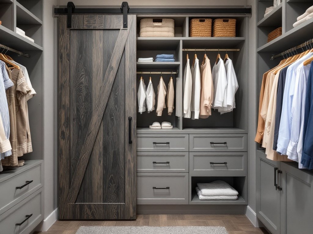 Mastering the Art of Custom Closet Transformation: A Modern, Contemporary Design. View of a superbly designed modern custom closet with barn door and walk-in feature.