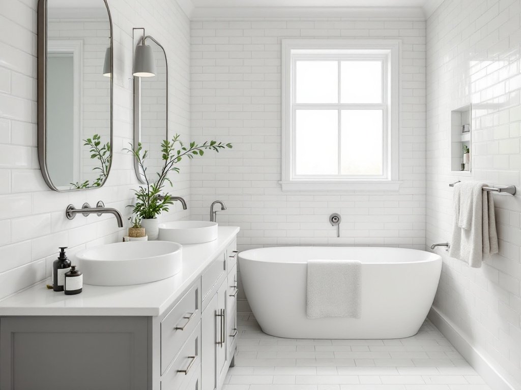 Modern, up-to-date remodeled bathroom with blending tile pattern and paint - personal oasis transformation.