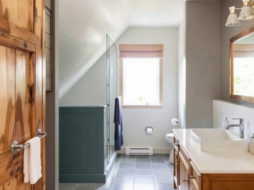 Modern and contemporary design attic bathroom in Medford MA, recently updated.