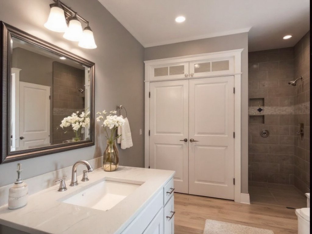 Caption: Exploring New Horizons in Bathroom Remodeling - A Modern Take Contemporary bathroom with a modern design, symbolizing the art of general contracting.