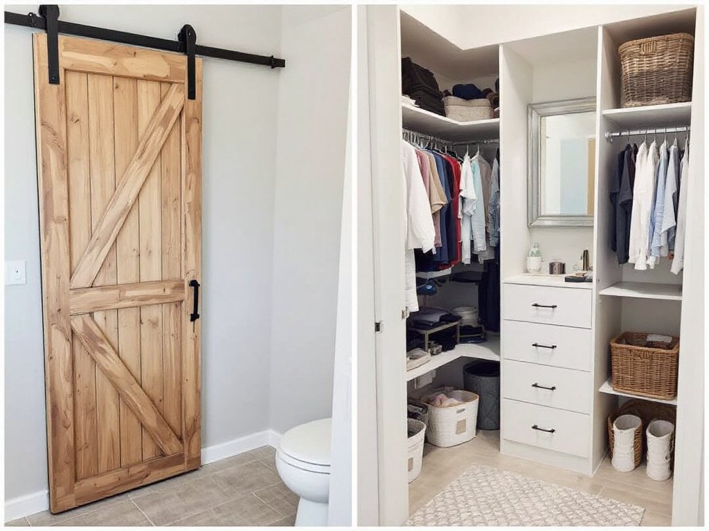 Caption: Revamping Space Like Never Before: Check out this Custom Closet Transformation! View of a custom closet upgrade featuring a barn door and walk-in feature in a modern and contemporary design.