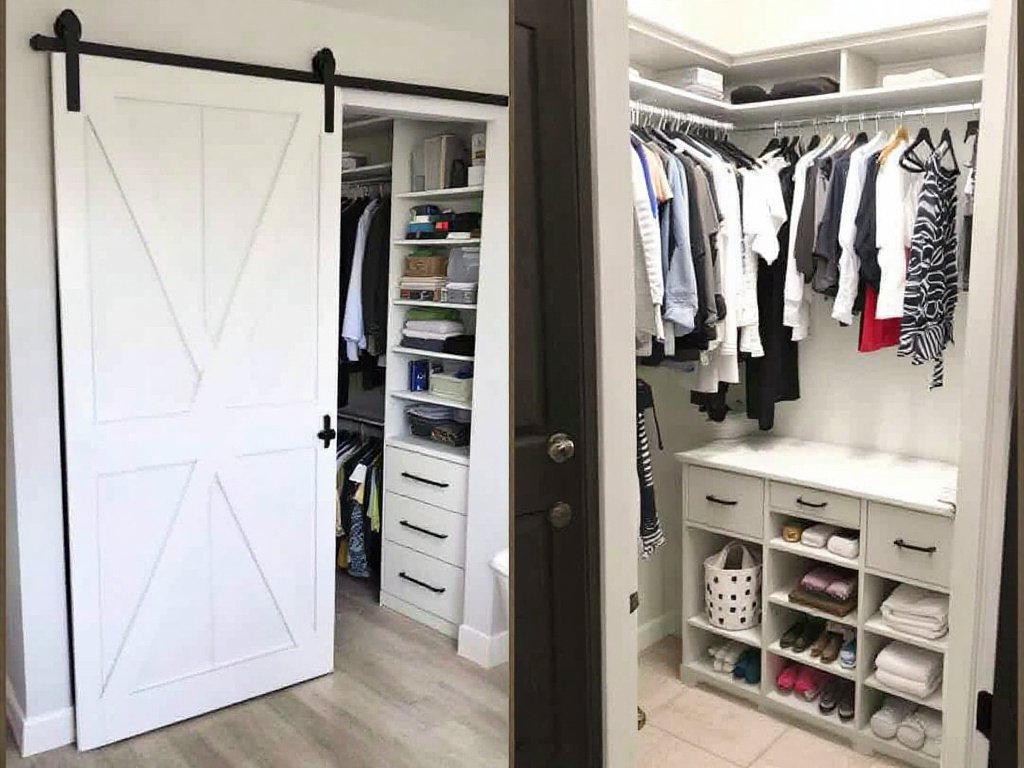 Maximize your Space with our Custom Closet Transformation: Experience Barn Door Elegance and Walk-In Convenience A newly transformed custom closet with walk-in feature and stylish barn door enhancing the efficiency of the space.