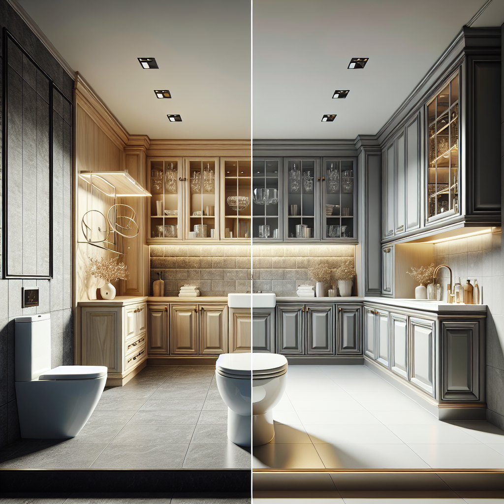 Caption: Experience the epitome of contemporary design with our professional bathroom and kitchen designers, transforming spaces into modern masterpieces. Alt Text: Interior view of a modern themed bathroom and kitchen designed by professional designers, showcasing their unleashed creativity.