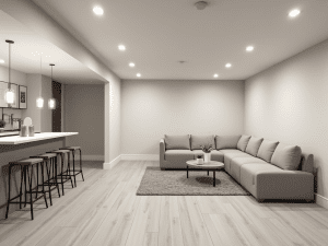 Bright modern basement renovation near Walpole, featuring a flat drywall ceiling, recessed lighting, light gray flooring, and a stylish bar table.