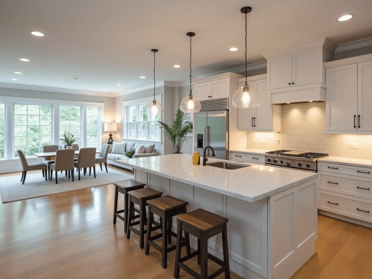 Luxurious home renovation near Milton, MA, featuring hardwood floors, recessed lighting, a modern kitchen, and contemporary furniture.