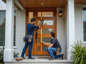 A professional contractor installing a stylish wooden door with precision.