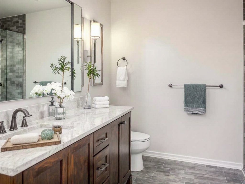 Caption: Expert Tips: Choosing the Right Bathroom Contractors in Randolph, MA Tailored with Modern, Contemporary Design Techniques. A guidebook providing tips on selecting the right bathroom contractors in Randolph, MA featuring a modern, contemporary design for a newly designed bathroom.