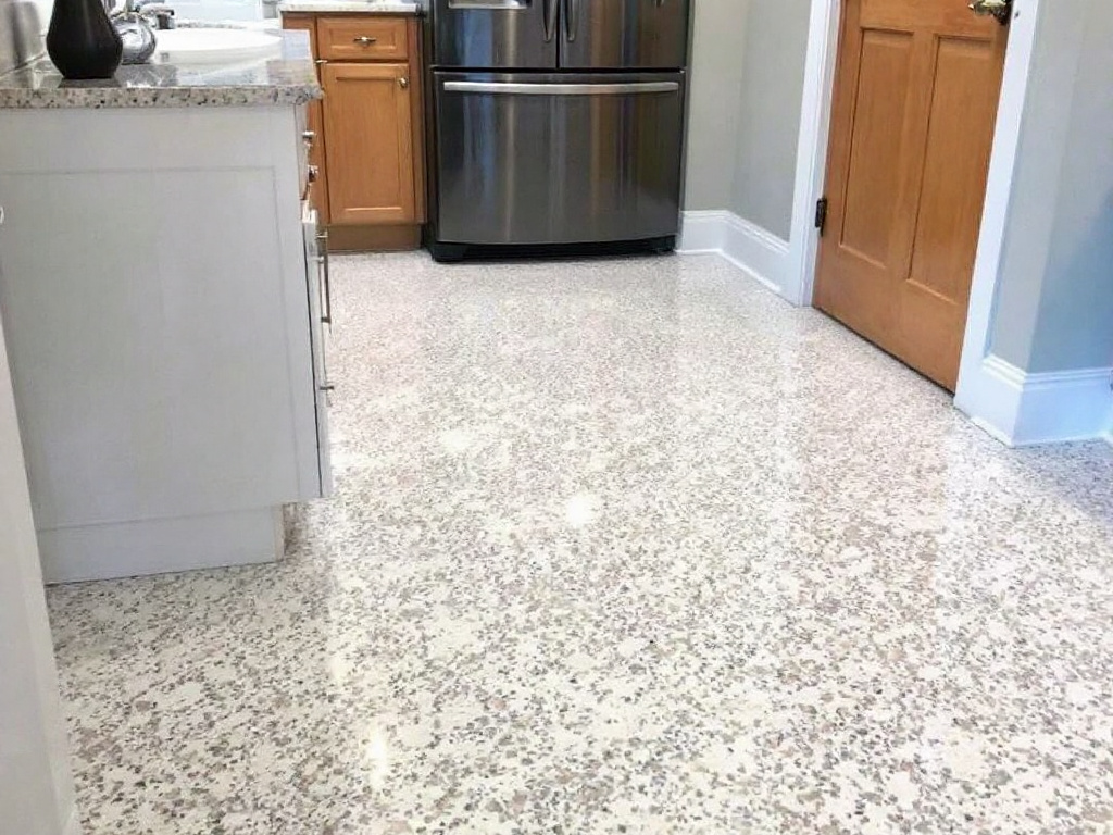 A glossy, marbled epoxy coating accentuating the beauty of a Newton, MA home interior.