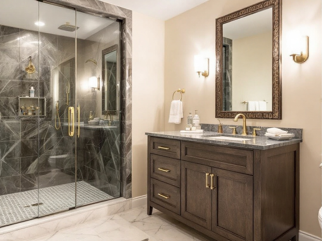 A luxurious, redesigned master bathroom featuring modern, contemporary design elements in Needham, MA.