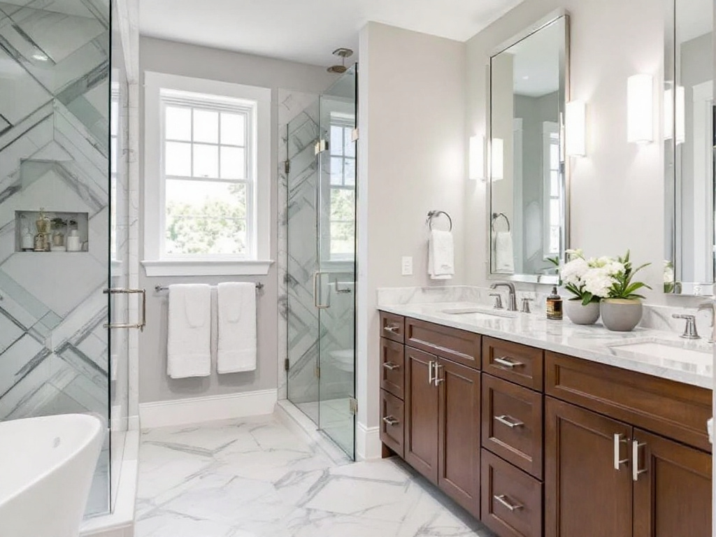 'Renovated luxurious master bathroom in Needham, MA with high-end fixtures and finishes.'