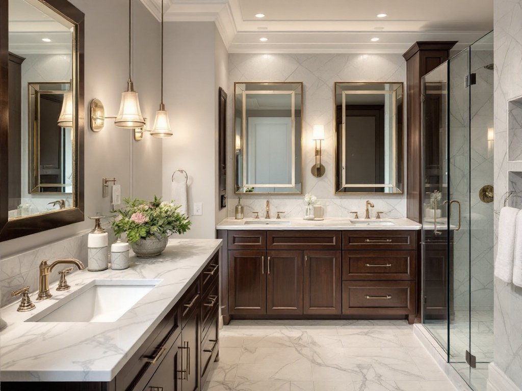 Caption: Redefining the face of luxury with this custom bathroom design featuring a blend of modern and contemporary elements inspired by the city of Boston. Images displaying a customized modern bathroom design in Boston showcasing contemporary aesthetics.