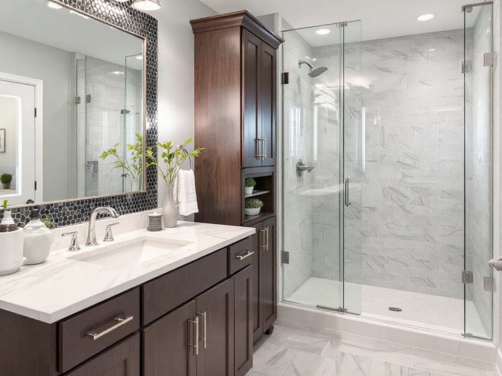 Alt Text: Professional bathroom contractors installing a chic and contemporary bathroom design in Malden, MA.