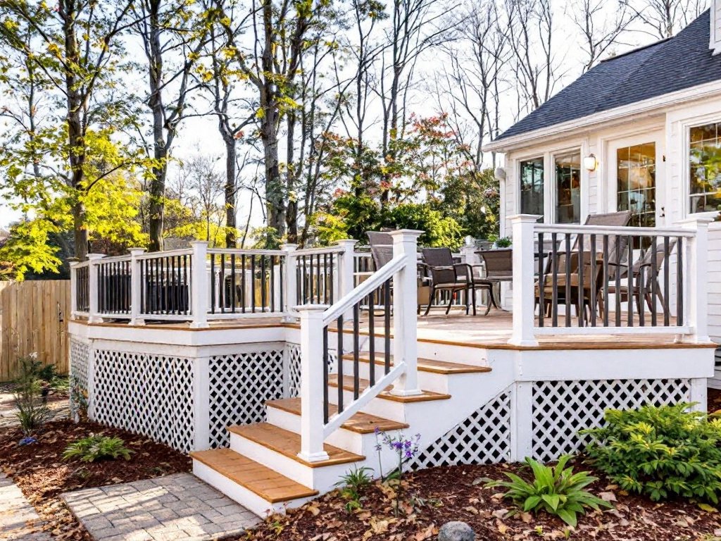 Caption: Experience your redefined outdoor living space with our modern deck remodeling services around Westwood, MA. A rejuvenated outdoor living area featuring a contemporary, modern deck remodeling in the vicinity of Westwood, MA.