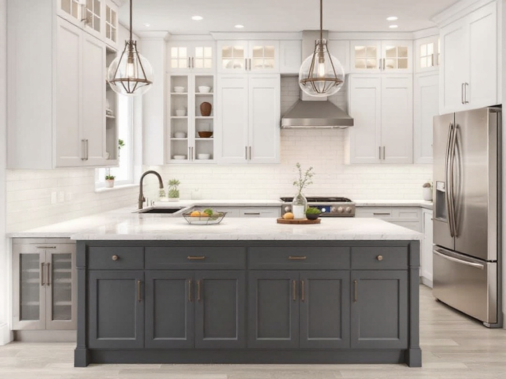 A beautifully remodeled modern kitchen in Quincy MA, displaying contemporary design elements and brand-new appliances.