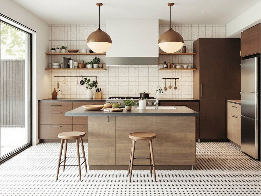 Contemporary kitchen design inspired by mid-century modern aesthetics.