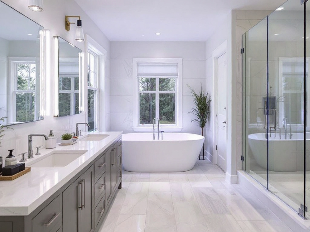 A modern bathroom showcasing a complete contemporary renovation in Quincy, MA with brand-new, state-of-the-art fittings.