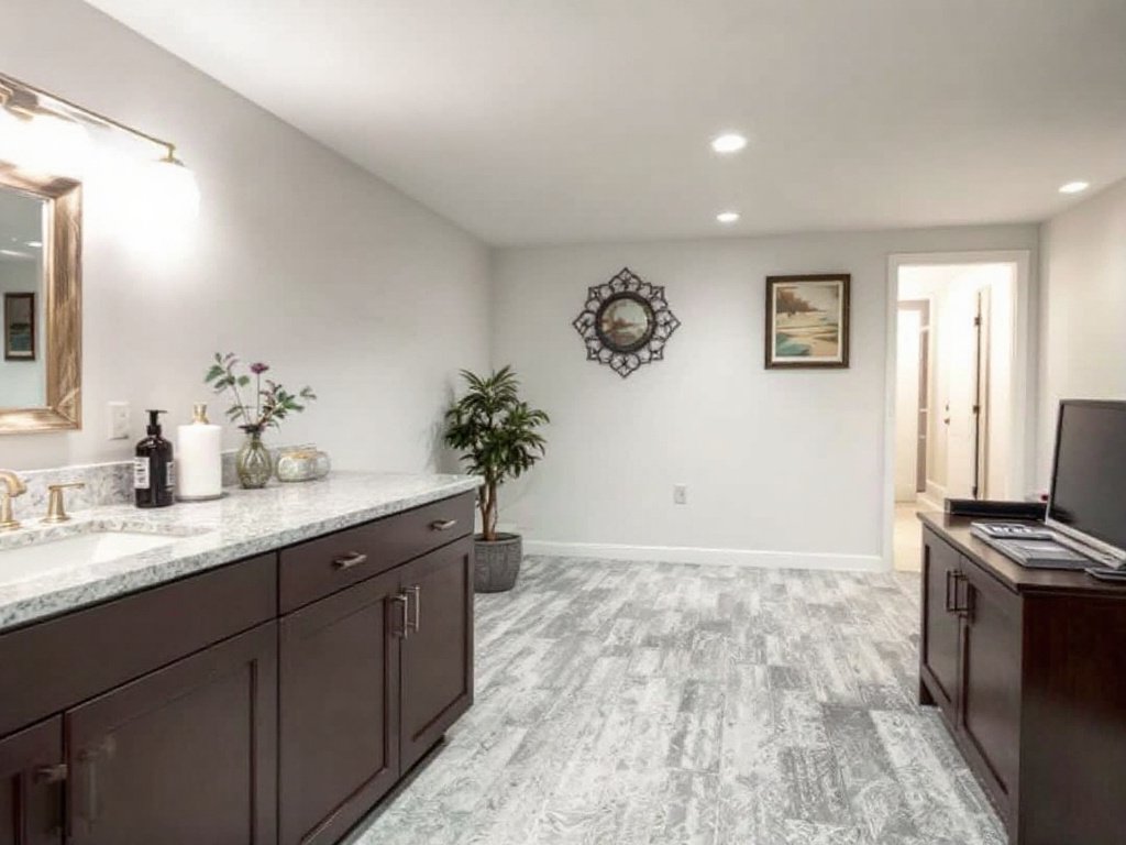 Alternative text: Remodeled basement showcasing significant potential in a Weston, MA home.