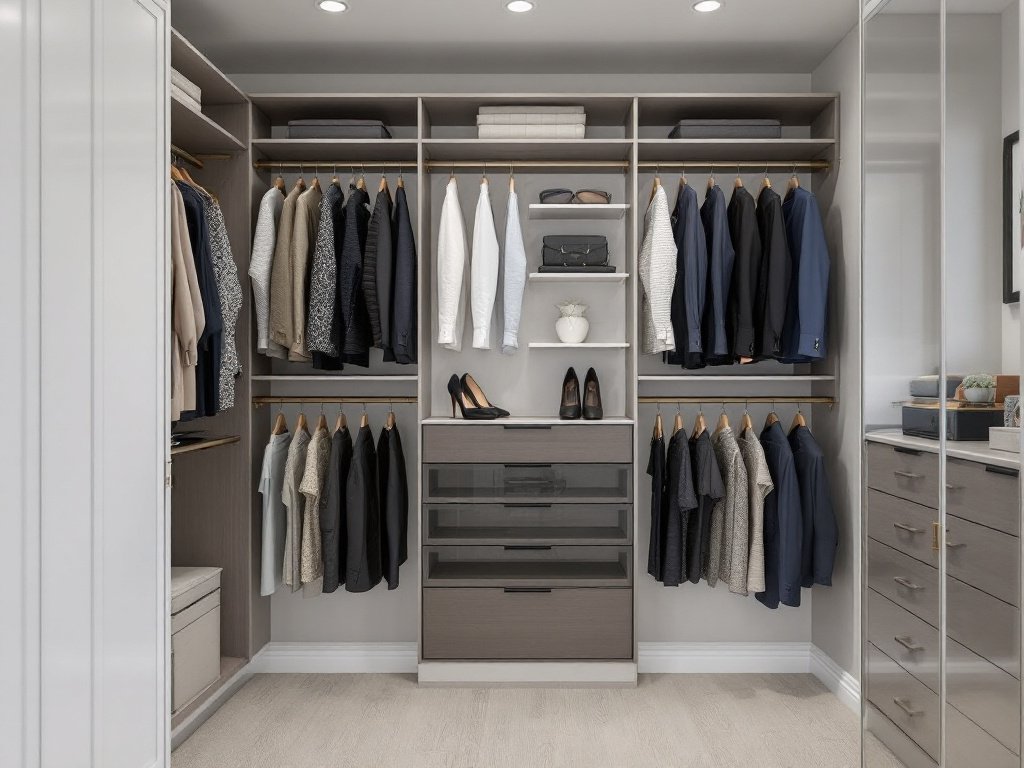Custom-built modern closet revealing an organized world within.