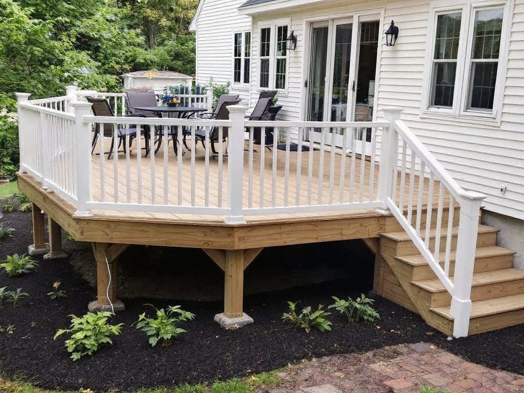 Caption: The masters of deck installation in Medfield, MA proudly displaying their modern and contemporary creation. Dynamic snapshot of Medfield deck installation experts showcasing a modern and contemporary design.