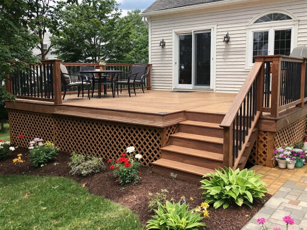 Caption: Experience an uplifted lifestyle with our brilliant deck installation in Winchester, MA, featuring a modern and contemporary design. Modern and contemporary designed deck installation in Winchester, MA enhancing property value and lifestyle.