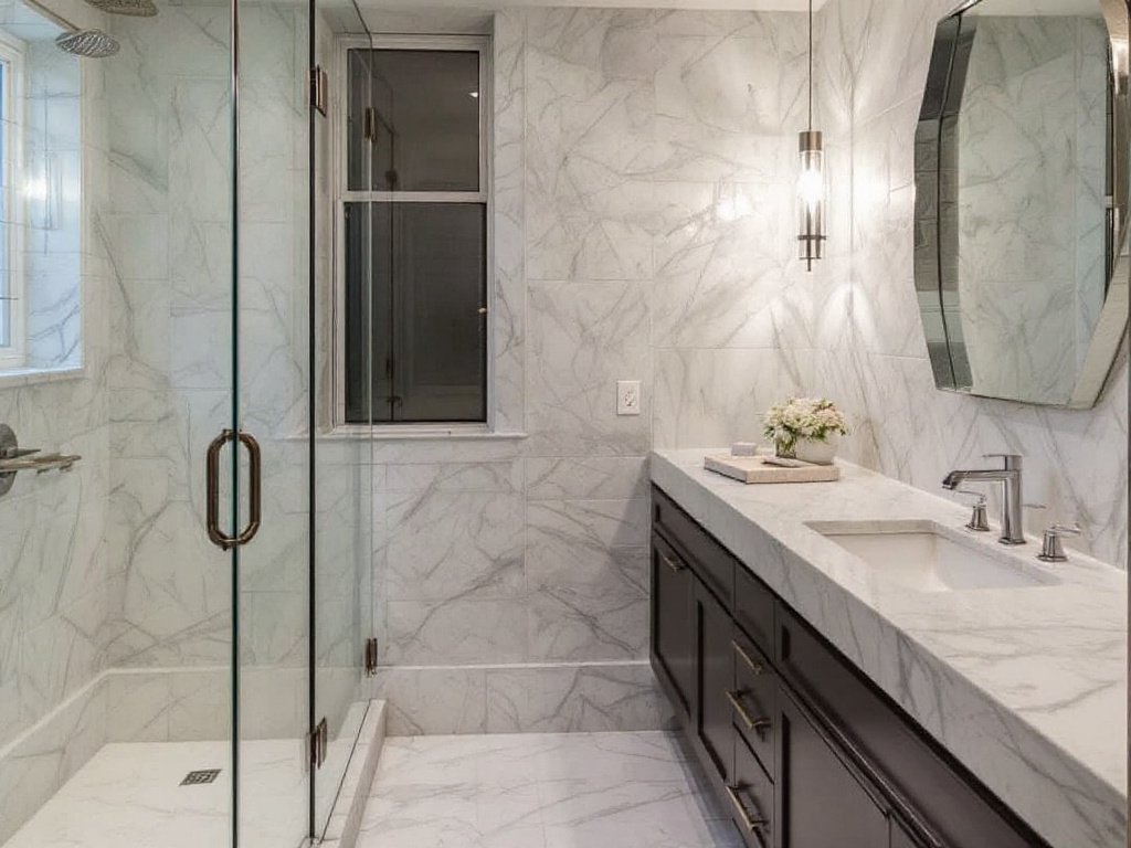Caption: Unveiling a contemporary design in our latest bathroom remodeling project with Best Basement Contractors in Brookline, MA. Expert basement contractors near Brookline, MA working on a modern bathroom remodeling project.